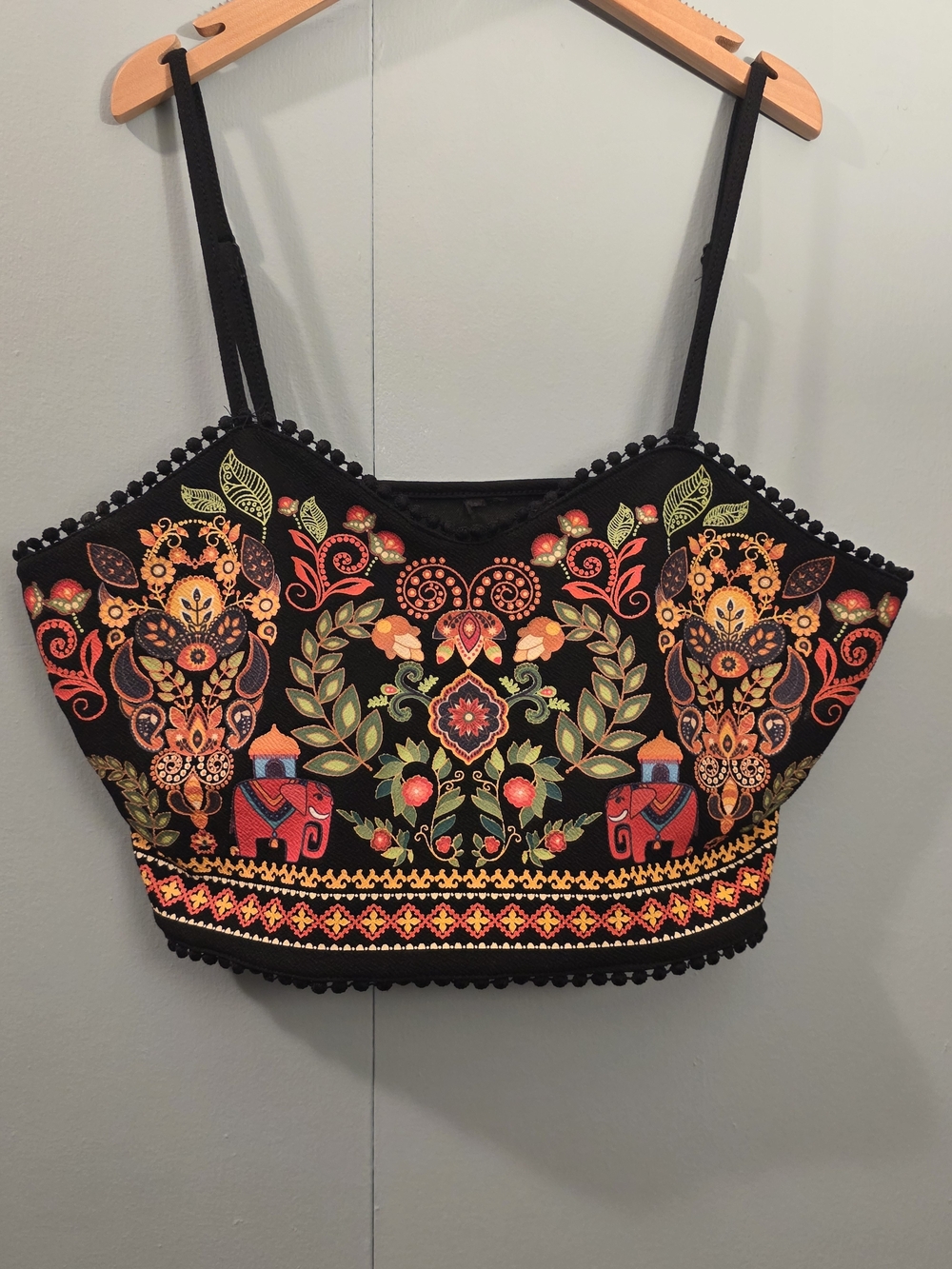 Black Embroidered Cropped Cami with Colorful Floral & Elephant Motifs